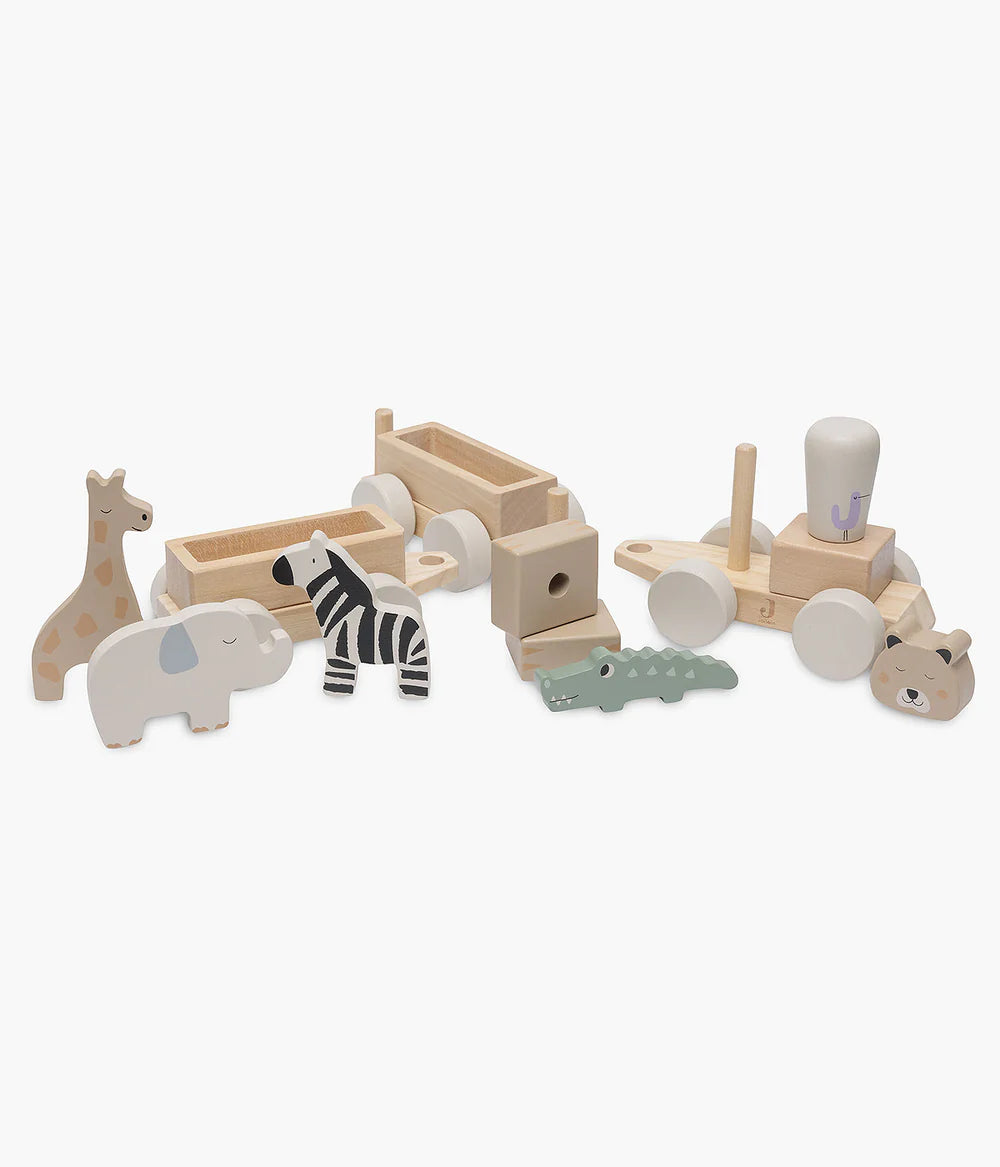 Tren de madera con animales de la selva.