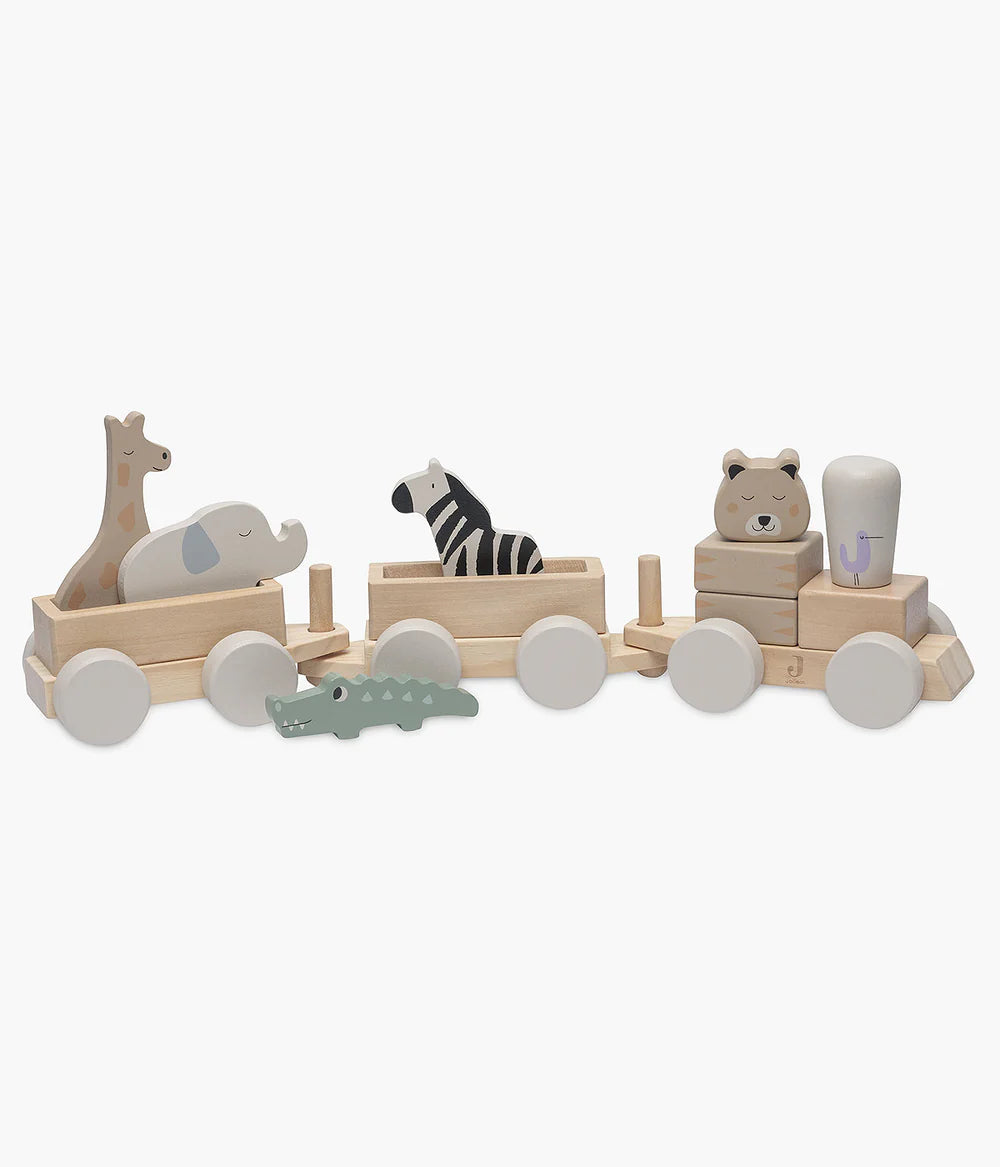 Tren de madera con animales de la selva.