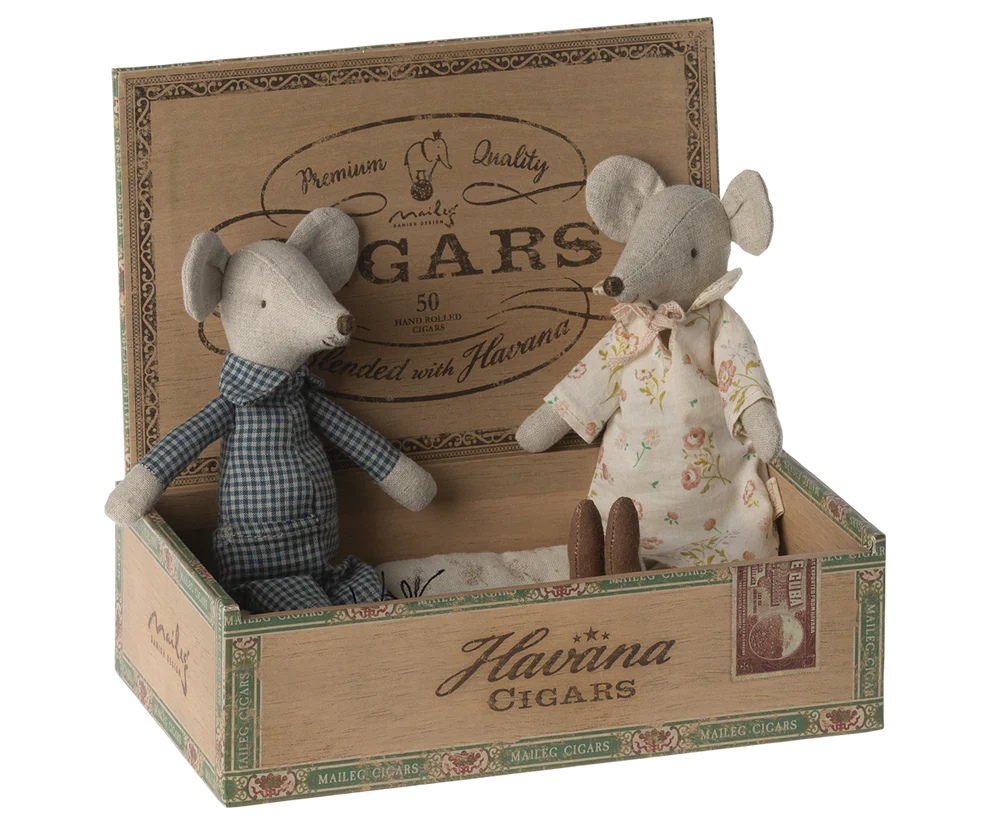 La abuela y el abuelo ratones en una caja de puros