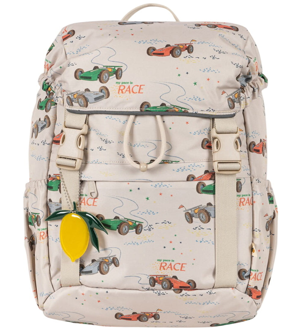 Konges Sløjd Vintage Cars Beige School Backpack with Gym Bag and Rain Cover