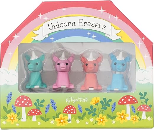 Juego de 4 borradores de unicornio: colores pastel y caja arcoíris