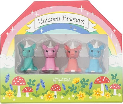 Conjunto de 4 Borrachas Unicórnio – Tons Pastel e Caixa Arco-Íris