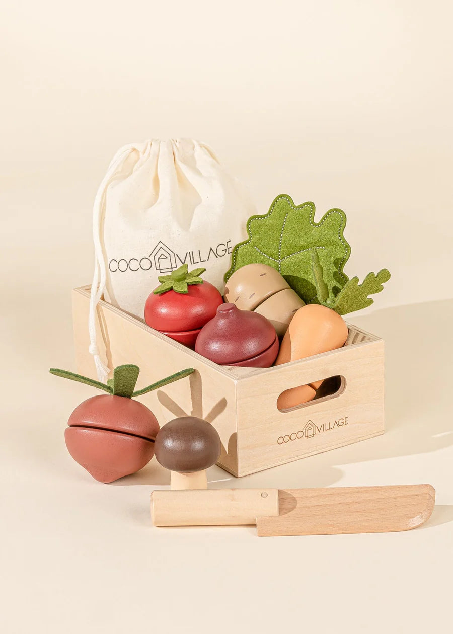 Juego de verduras de madera.